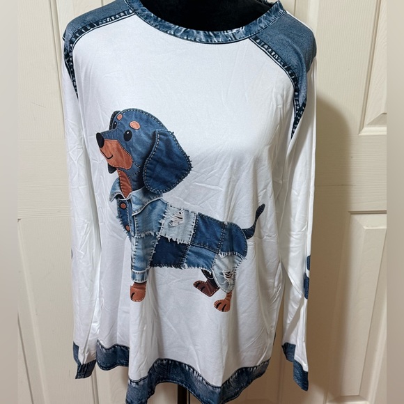 Source Unknown Tops - White Long Sleeve Dachshund Distressed Patchwork Tee Size 3X NEW